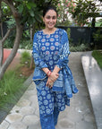 Printed Indigo cotton Kurta & Dupatta Set by Vastra by Monty