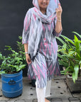 Ikkat Grey kurta with dupatta and white pants by Vastra by Monty