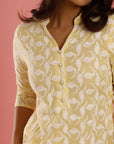Chic Yellow Floral - White Floral Work on Yellow Kurta Cotton Suit Set by Vastra by Monty