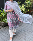 Ikkat Grey kurta with dupatta and white pants by Vastra by Monty