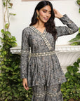 Grey Floral Elegance - Floral Grey Sharara Set by Vastra by Monty