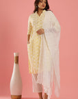 Chic Yellow Floral - White Floral Work on Yellow Kurta Cotton Suit Set by Vastra by Monty
