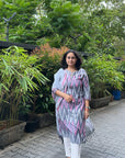 Ikkat Grey kurta with dupatta and white pants by Vastra by Monty