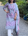 Ikkat Grey kurta with dupatta and white pants by Vastra by Monty