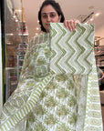 Green and White Floral Print Cotton Kurta Set