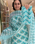 Green and White Floral Print Cotton Kurta Set