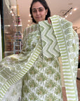 Green and White Floral Print Cotton Kurta Set