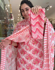 Green and White Floral Print Cotton Kurta Set