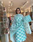Green and White Floral Print Cotton Kurta Set