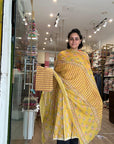 Sunshine Bloom Mustard Cotton Printed Suit Set with Chevron & Floral Dupatta