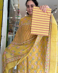 Sunshine Bloom Mustard Cotton Printed Suit Set with Chevron & Floral Dupatta