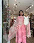 Blush Bloom Pink Cotton Suit Set with Floral Dupatta & Embroidered Bottom