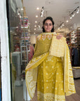 Golden Harvest Mustard Cotton Suit Set with Intricate White Print & Striped Bottom