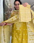 Golden Harvest Mustard Cotton Suit Set with Intricate White Print & Striped Bottom