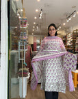 Lavender Bloom Handblock Cotton Suit Set with Floral Elegance