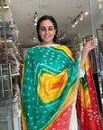 Vibrant Orange and Red Ombre Chiffon Dupatta with Golden Floral Lace