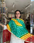 Vibrant Orange and Red Ombre Chiffon Dupatta with Golden Floral Lace