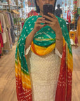 Vibrant Orange and Red Ombre Chiffon Dupatta with Golden Floral Lace