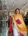 Vibrant Orange and Red Ombre Chiffon Dupatta with Golden Floral Lace