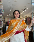 Vibrant Orange and Red Ombre Chiffon Dupatta with Golden Floral Lace