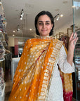 Vibrant Orange and Red Ombre Chiffon Dupatta with Golden Floral Lace