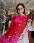 Vibrant Orange and Red Ombre Chiffon Dupatta with Golden Floral Lace