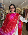 Vibrant Orange and Red Ombre Chiffon Dupatta with Golden Floral Lace