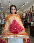 Vibrant Orange and Red Ombre Chiffon Dupatta with Golden Floral Lace