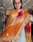 Vibrant Orange and Red Ombre Chiffon Dupatta with Golden Floral Lace