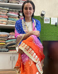 Vibrant Orange and Red Ombre Chiffon Dupatta with Golden Floral Lace