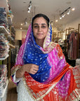 Vibrant Orange and Red Ombre Chiffon Dupatta with Golden Floral Lace