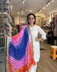 Vibrant Orange and Red Ombre Chiffon Dupatta with Golden Floral Lace