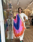 Vibrant Orange and Red Ombre Chiffon Dupatta with Golden Floral Lace