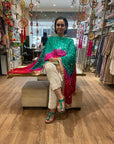 Vibrant Orange and Red Ombre Chiffon Dupatta with Golden Floral Lace
