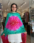 Vibrant Orange and Red Ombre Chiffon Dupatta with Golden Floral Lace