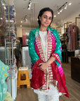 Vibrant Orange and Red Ombre Chiffon Dupatta with Golden Floral Lace