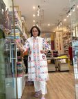 White Cotton Shirt-Collar Kurti with Multicolour Geometric Print