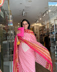 Vibrant Pink Polka Dot Cotton Suit Set with Intricate Border and Matching Bottom