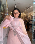 Soft Pink Floral Embroidered Cotton Suit Set with Sheer Dupatta