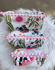 Meadow Bloom Hand-Blocked Quilted Cotton Vanity Pouch Set – Set of 3