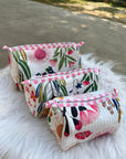 Meadow Bloom Hand-Blocked Quilted Cotton Vanity Pouch Set – Set of 3