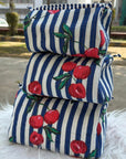 Cherry Stripe Hand-Blocked Quilted Cotton Vanity Pouch Set – Set of 3