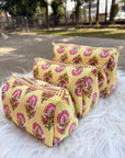 Sunbloom Hand-Blocked Quilted Cotton Vanity Pouch Set – Set of 3