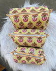 Sunbloom Hand-Blocked Quilted Cotton Vanity Pouch Set – Set of 3