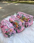 Floral Garden Hand-Blocked Quilted Cotton Vanity Pouch Set – Set of 3