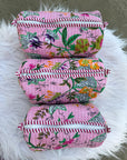 Floral Garden Hand-Blocked Quilted Cotton Vanity Pouch Set – Set of 3