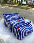 Heartline Stripe Hand-Blocked Quilted Cotton Vanity Pouch Set – Set of 3