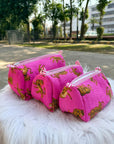 Jungle Roar Hand-Blocked Quilted Cotton Vanity Pouch Set – Set of 3