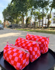 Cherry Check Cotton Quilted Pouch Set (Set of 3)