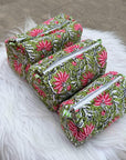 Bloom Garden Handblocked Cotton Quilted Pouch Set of 3